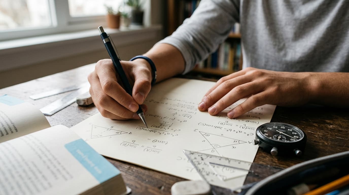 Kronometre yanında kağıt üzerinde matematik ve geometri soruları çözen öğrenci