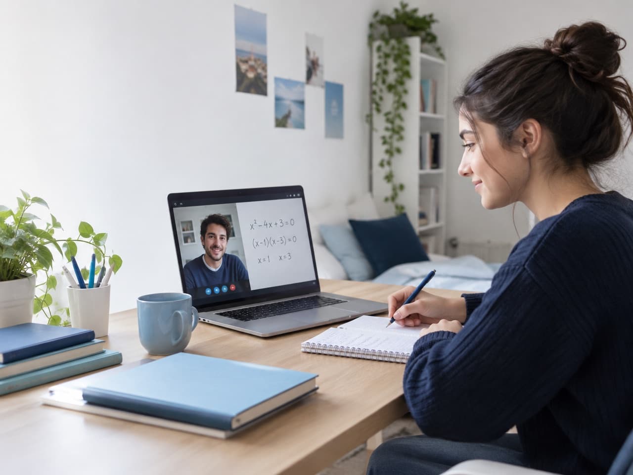 Evindeki masasında laptoptan birebir online ders alan öğrenci; ekranda eğitmeni ve tahtada bir denklem